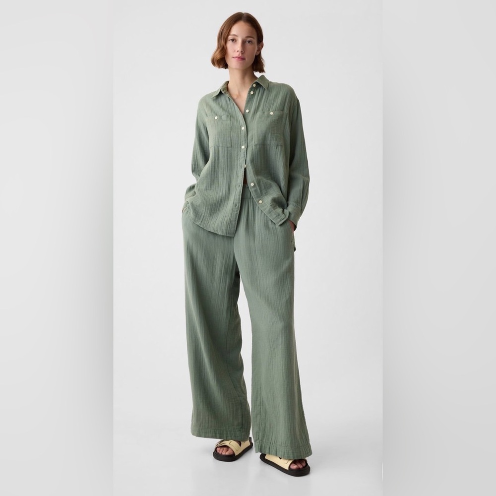Gap Crinkle Gauze High Rise Wide Leg Pants Laurel Wreath Green
